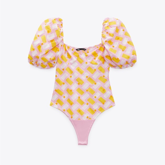 Zara printed poplin bodysuit with puffy sleeves NWT - Picture 2 of 9